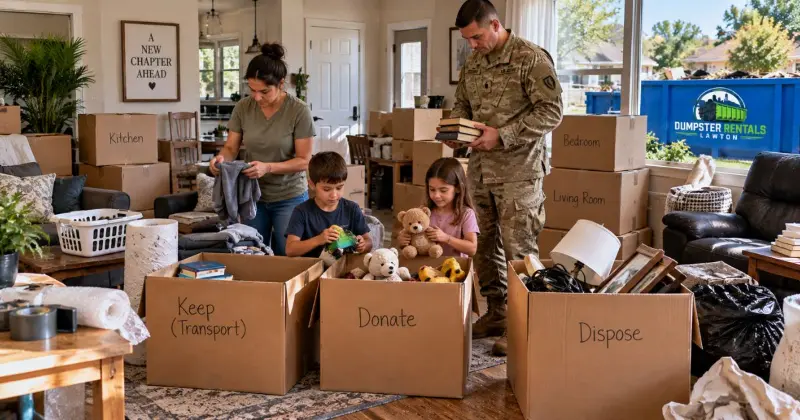 Military family sorting household belongings during a Fort Sill PCS move cleanout