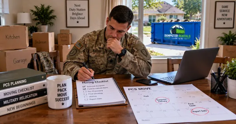 Service member planning a Fort Sill PCS move with a moving checklist, calendar, boxes, and dumpster