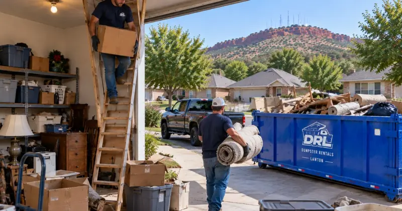 Attic cleanout access through a pull-down ladder with workers carrying boxes and household items to a dumpster in Lawton, Oklahoma
