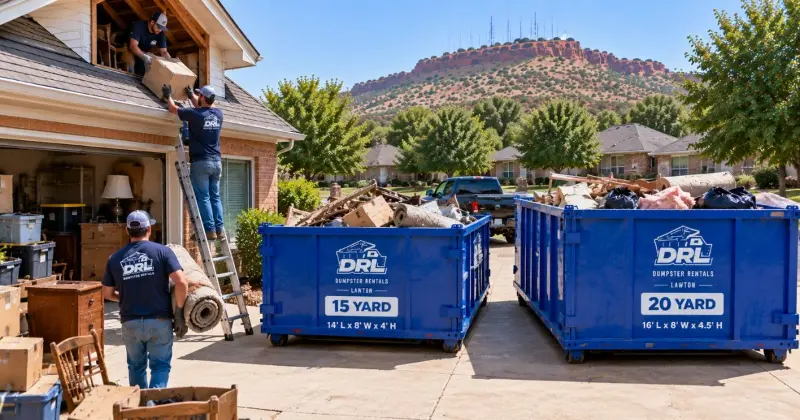 15-yard and 20-yard dumpsters compared for an attic cleanout with boxes, carpet, furniture, and household debris in Lawton, Oklahoma