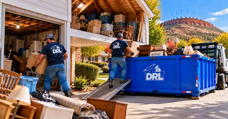 Attic cleanout with old boxes, furniture, storage containers, lamps, carpet, and household debris being removed into a roll-off dumpster in Lawton, Oklahoma