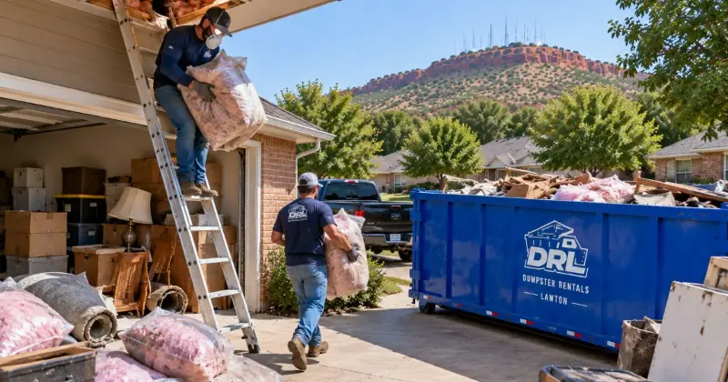 Attic insulation cleanout with bagged insulation being removed from a residential attic and loaded into a dumpster in Lawton, Oklahoma