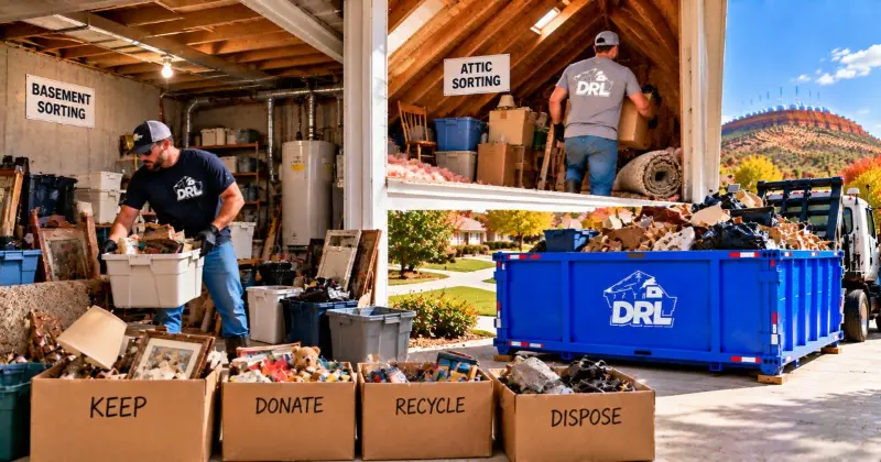 Basement and attic cleanout sorting with household items separated into keep, donate, recycle, and dispose groups before dumpster disposal in Lawton, Oklahoma