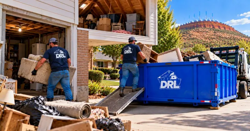 Basement and attic cleanouts with old furniture, boxes, carpet, household items, and debris being loaded into a roll-off dumpster in Lawton, Oklahoma