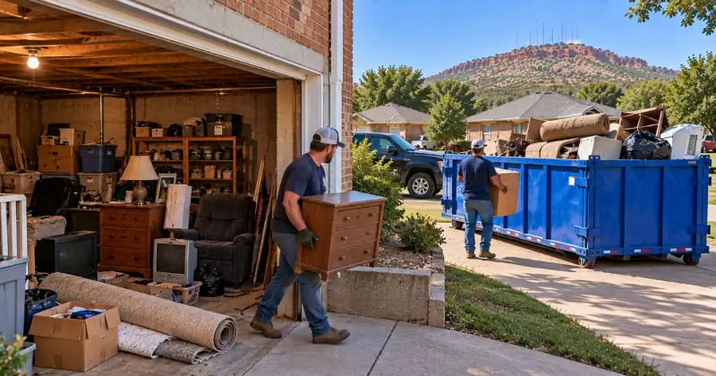 Basement cleanout items including furniture, boxes, carpet, shelving, electronics, and household debris in Lawton, Oklahoma