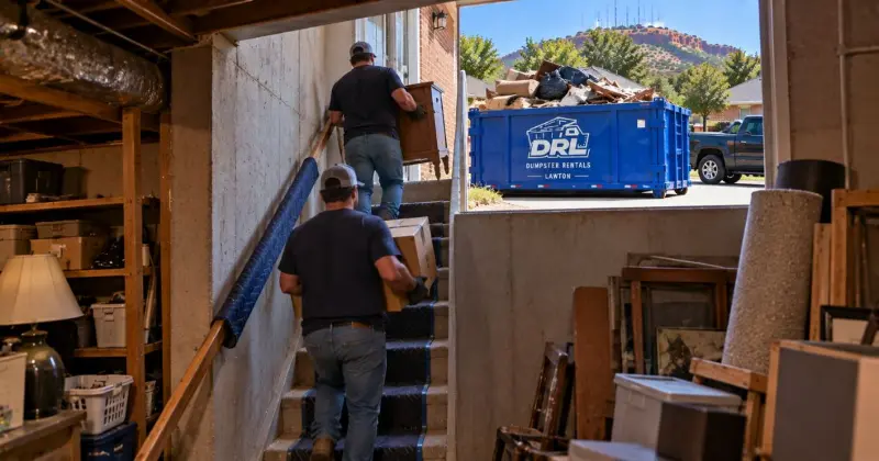 Workers carrying basement cleanout items up stairs toward a roll-off dumpster at a residential home in Lawton, Oklahoma
