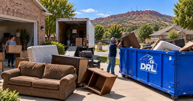 Bulky furniture, mattresses, cabinets, and household items being sorted for disposal during a home move in Lawton, Oklahoma