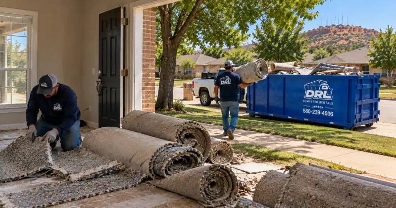 Rolled carpet and carpet padding being removed from a home and loaded into a dumpster in Lawton, Oklahoma