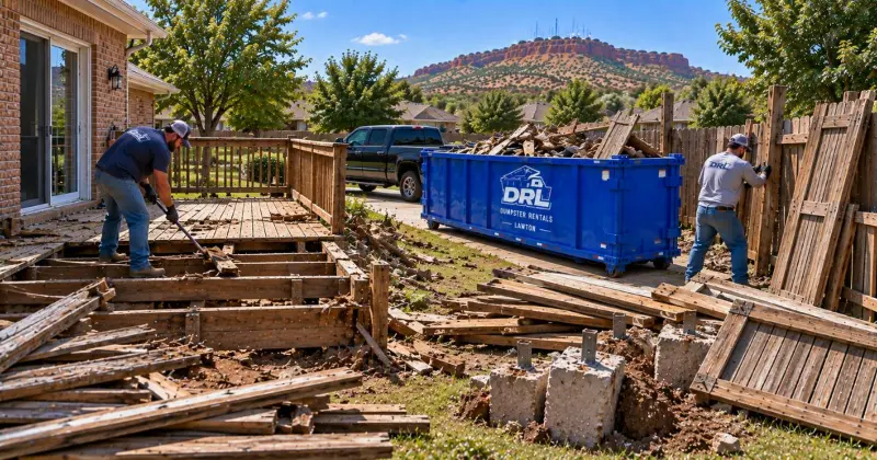Deck and fence removal combined into one residential cleanup with lumber, concrete footings, fence panels, and a roll-off dumpster in Lawton, Oklahoma