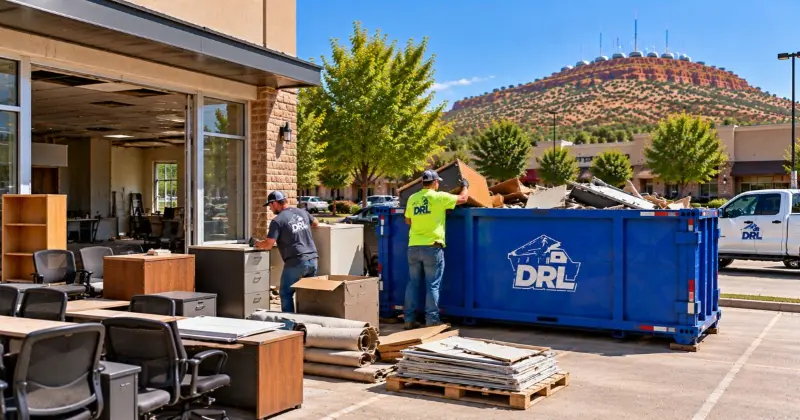 Commercial cleanout debris including office furniture, carpet, cabinets, drywall, flooring, and renovation materials being loaded into a dumpster in Lawton, Oklahoma