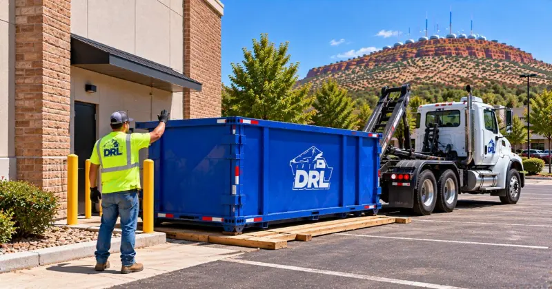 Commercial roll-off dumpster positioned beside a commercial building with clear truck access and protective boards in Lawton, Oklahoma