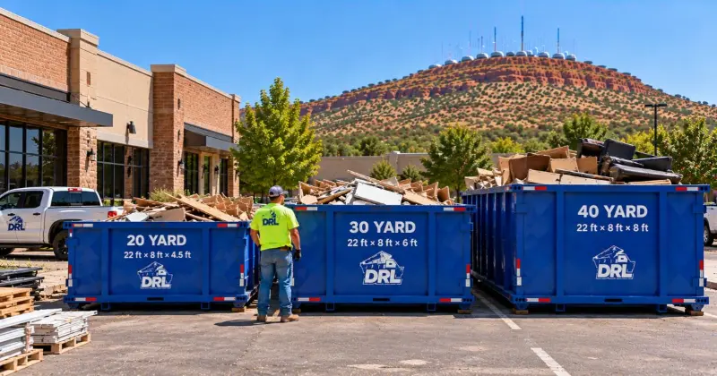 20-yard, 30-yard, and 40-yard commercial dumpsters compared by size and dimensions at a commercial property in Lawton, Oklahoma