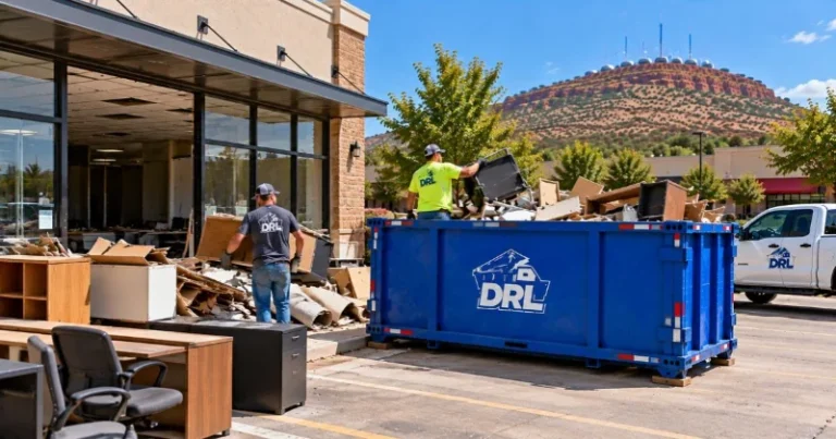 Commercial property cleanouts with office furniture, cabinets, carpet, and renovation debris being loaded into a roll-off dumpster in Lawton, Oklahoma