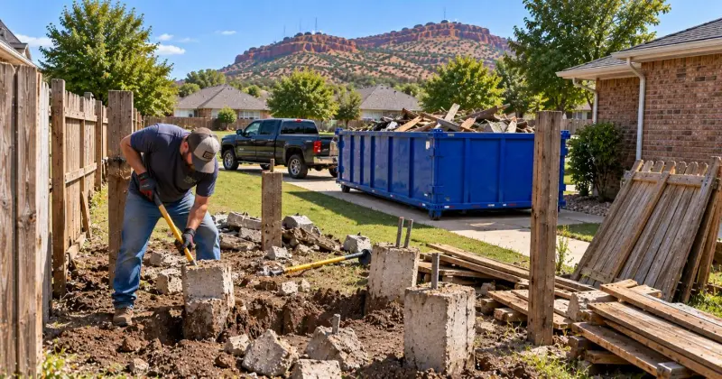 Concrete fence post footings being removed from a residential yard with broken concrete, rebar, and fence debris in Lawton, Oklahoma