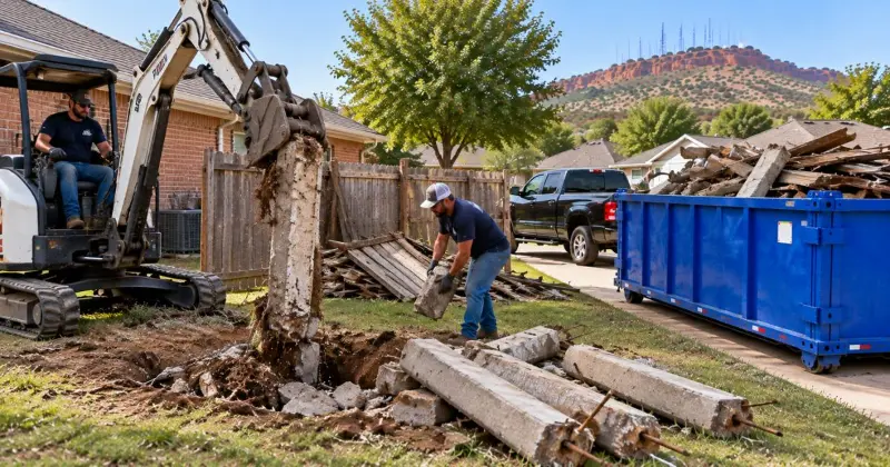 Concrete fence posts being removed with an excavator and broken concrete debris cleared into a dumpster in Lawton, Oklahoma