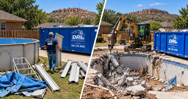 Above-ground and inground pool removal shown side by side with different debris and equipment in Lawton, Oklahoma