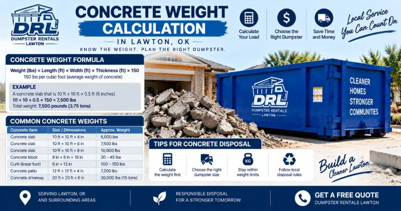 Concrete weight calculation guide showing slab weights, formulas, and dumpster planning in Lawton, Oklahoma