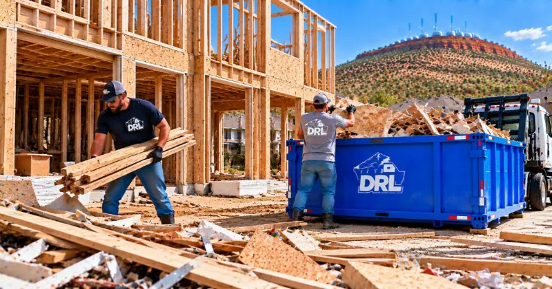Construction debris from the framing phase including lumber, OSB panels, wood scraps, and building materials being loaded into a roll-off dumpster in Lawton, Oklahoma