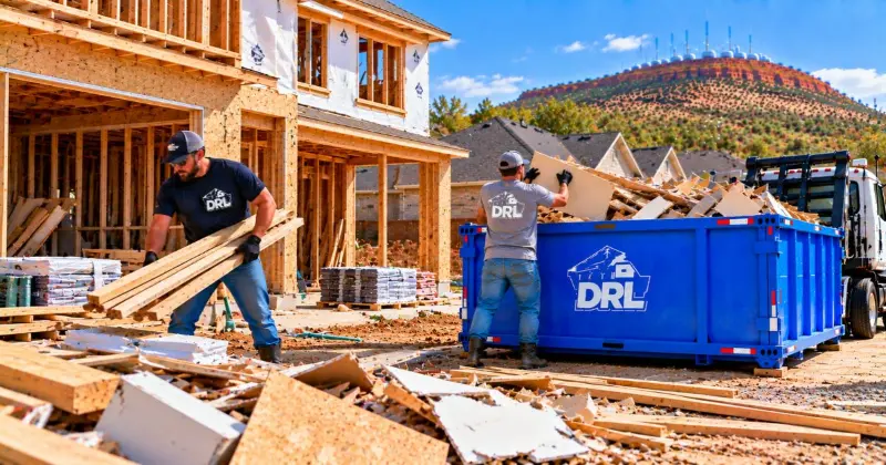 Construction dumpster at an active residential jobsite with lumber, drywall, wood scraps, and construction debris being loaded in Lawton, Oklahoma