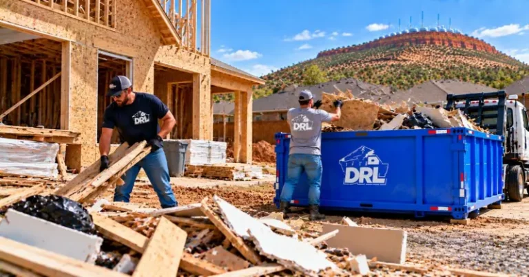 Construction site cleanup with lumber, drywall, wood scraps, and building debris being loaded into a roll-off dumpster in Lawton, Oklahoma