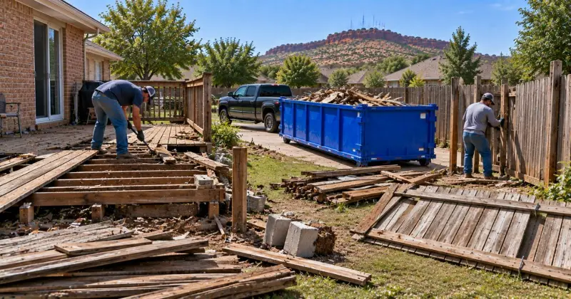 Deck and fence removal with wood boards, concrete footings, and demolition debris being cleared into a dumpster in Lawton, Oklahoma