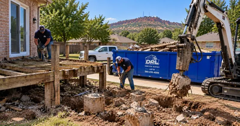 Concrete deck footings being removed with an excavator during a backyard deck demolition in Lawton, Oklahoma