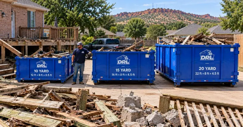 10-yard, 15-yard, and 20-yard dumpsters compared for deck removal debris including lumber, railings, and concrete footings in Lawton, Oklahoma