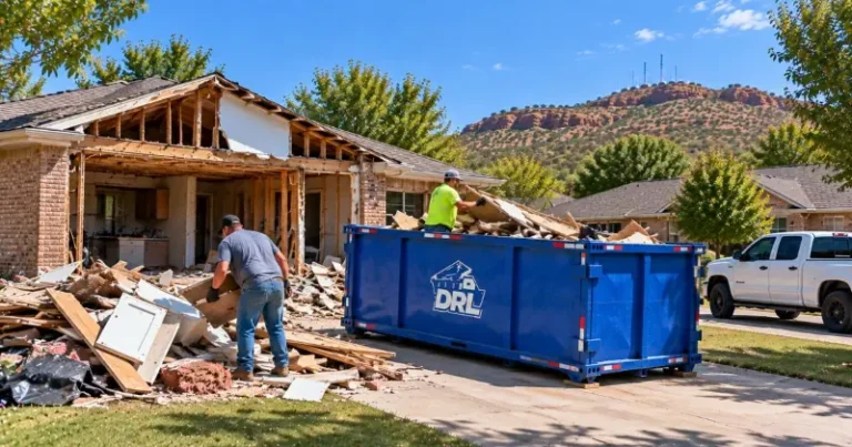 Demolition debris including drywall, lumber, cabinets, insulation, and construction waste being loaded into a roll-off dumpster in Lawton, Oklahoma