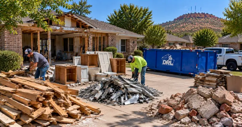 Demolition debris separation with wood, metal, concrete, brick, cardboard, cabinets, and fixtures sorted during a home renovation in Lawton, Oklahoma