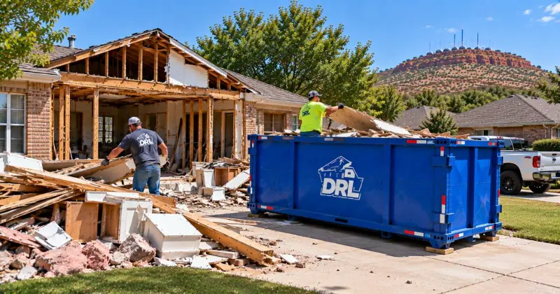 Demolition dumpster filled with wood, drywall, insulation, cabinets, and construction debris during a residential demolition in Lawton, Oklahoma