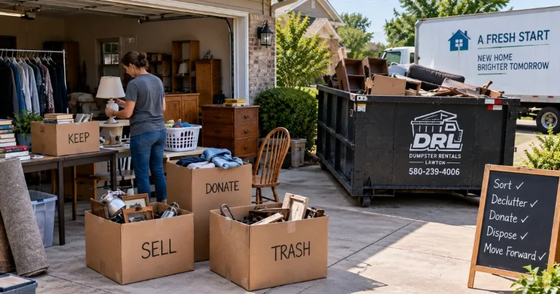Homeowner downsizing before move by sorting household items, donating belongings, and loading unwanted items into a dumpster