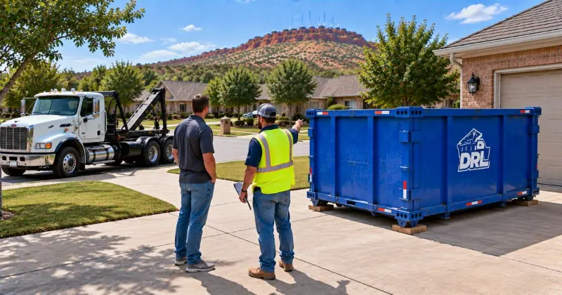 Homeowner and dumpster worker checking driveway access before approving roll-off dumpster delivery in Lawton, Oklahoma