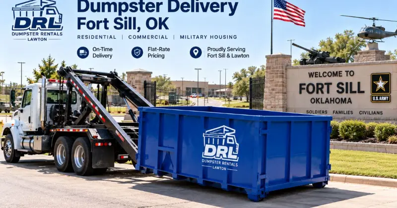 Roll-off dumpster delivery near Fort Sill, Oklahoma with a branded dumpster rental truck