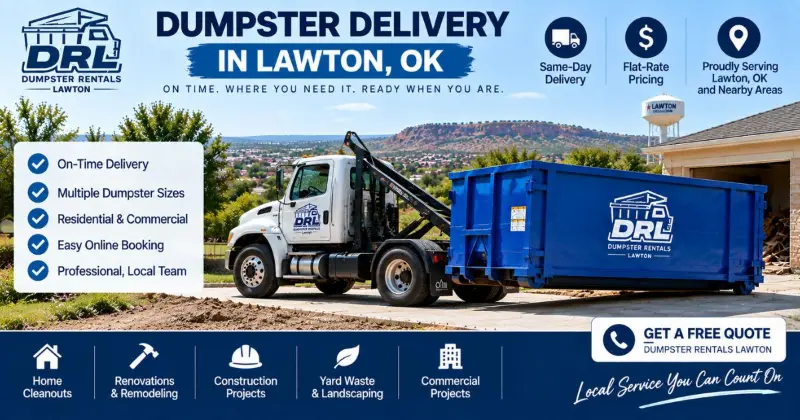 Roll-off dumpster delivery in Lawton, Oklahoma with a branded dumpster truck at a residential property