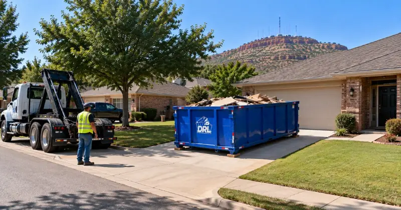 Roll-off dumpster positioned correctly on a residential driveway with clear truck access and driveway space in Lawton, Oklahoma