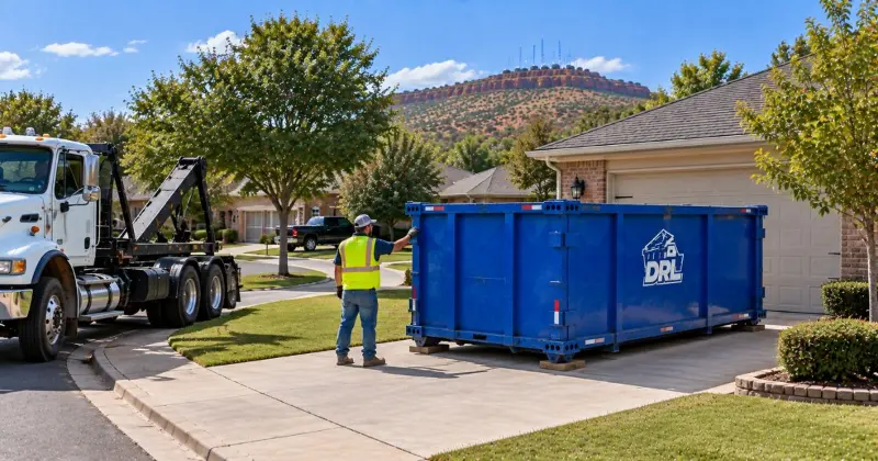Roll-off dumpster being positioned on a residential driveway with clear truck access in Lawton, Oklahoma