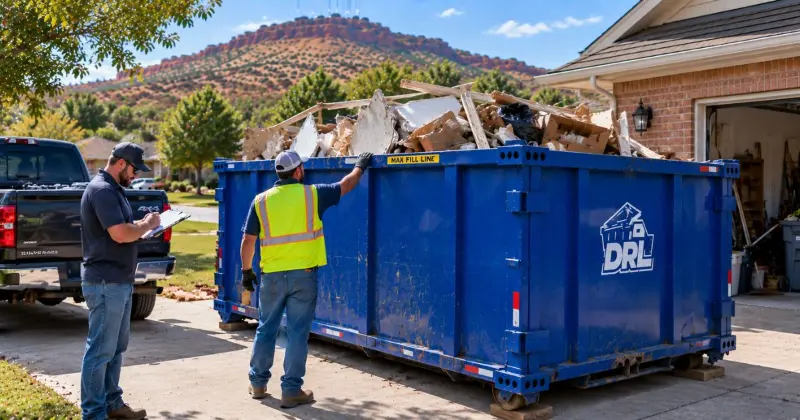 Dumpster load being checked at the maximum fill line during a residential cleanup in Lawton, Oklahoma