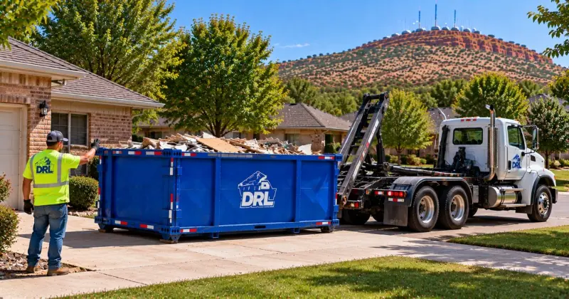 Loaded roll-off dumpster being picked up by a dumpster truck after a residential cleanup project in Lawton, Oklahoma