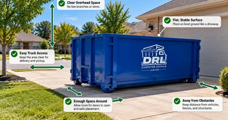 Dumpster placement on a level driveway with clear overhead space and room for truck access