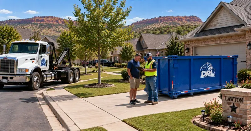 Dumpster placement on a residential driveway in an HOA neighborhood with a homeowner and rental worker discussing the setup in Lawton, Oklahoma