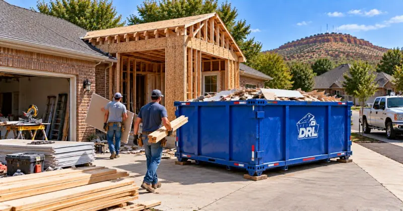 Roll-off dumpster positioned beside a home addition with clear driveway access for construction debris removal in Lawton, Oklahoma