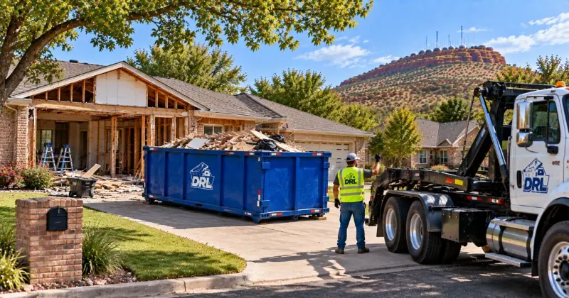 Roll-off dumpster positioned for a house flip renovation with clear driveway access and construction debris in Lawton, Oklahoma