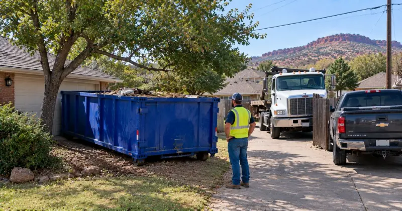 Poor dumpster placement on a sloped area with limited truck access, parked vehicles, and overhead obstacles in Lawton, Oklahoma