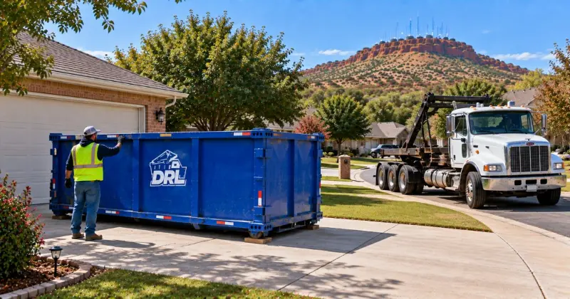 Roll-off dumpster placed on a clear residential driveway with truck access and overhead clearance in Lawton, Oklahoma