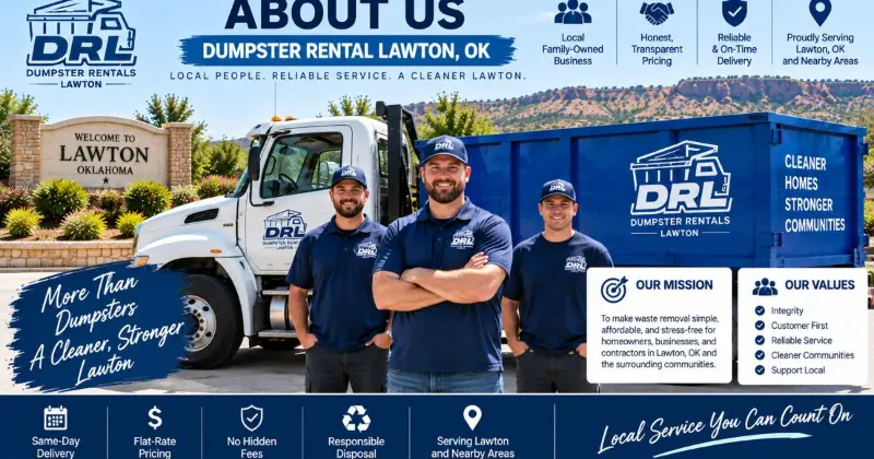 About Dumpster Rentals Lawton team with a roll-off truck and dumpster serving Lawton, Oklahoma