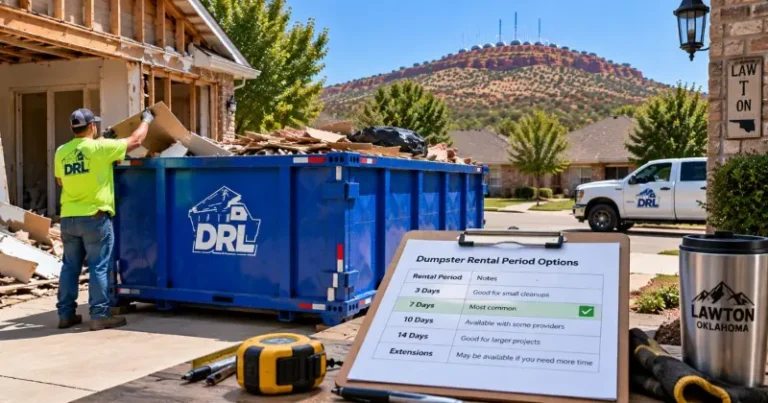 Dumpster rental period options shown during a residential renovation project with a roll-off dumpster in Lawton, Oklahoma
