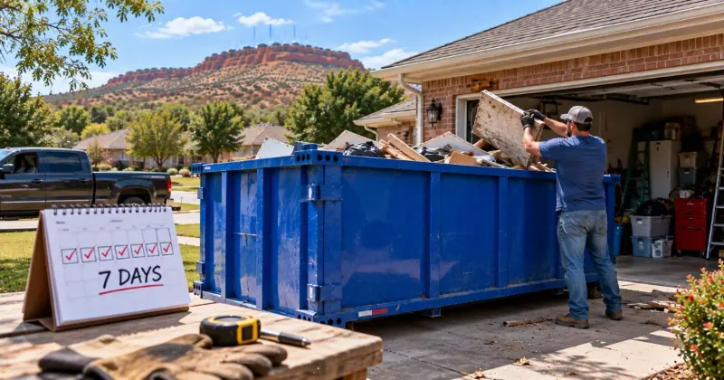 Seven-day dumpster rental period shown during a residential cleanup project in Lawton, Oklahoma