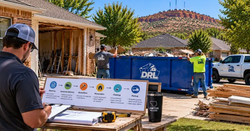 Dumpster rental project timeline showing planning, delivery, demolition, renovation, cleanup, and pickup in Lawton, Oklahoma