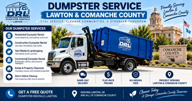 Dumpster rental service in Lawton and Comanche County, Oklahoma with a roll-off dumpster truck