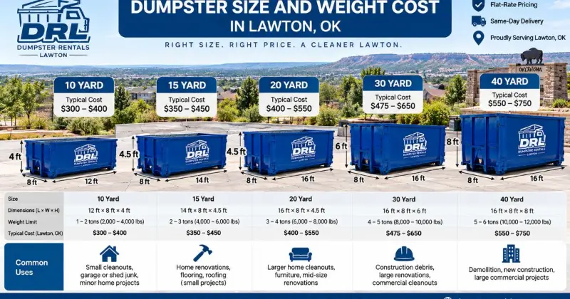 Dumpster size and debris weight affecting rental cost in Lawton OK